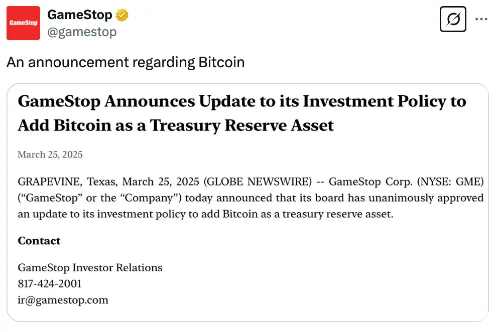 GameStop Approves Bitcoin As A Treasury Reserve Asset GameStop Approves Bitcoin As A Treasury Reserve Asset